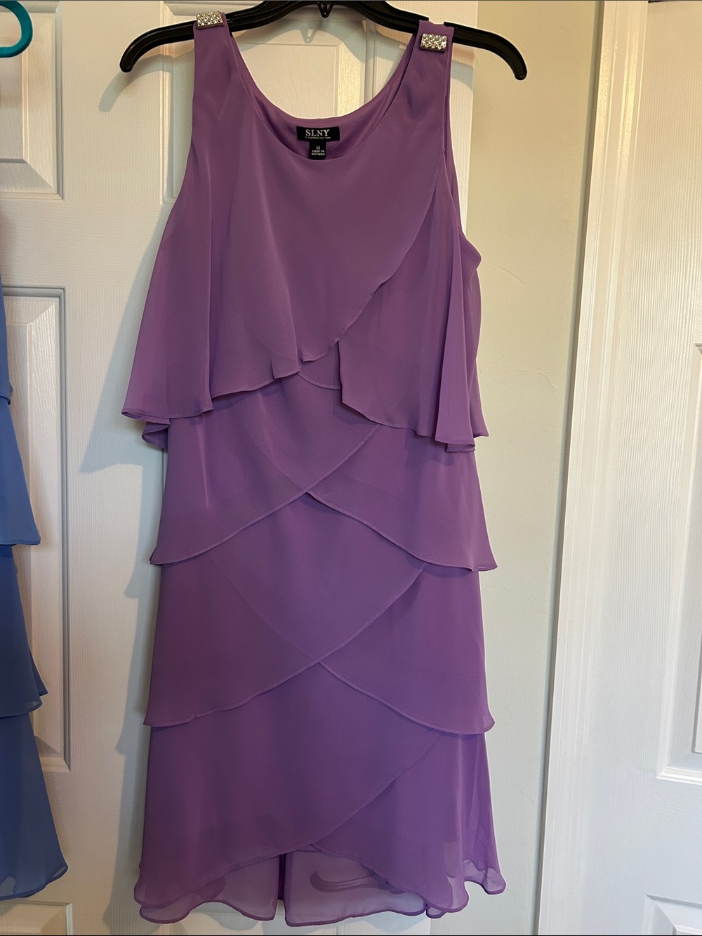SLNY Purple Layered Chiffon Midi Dress with Embellished Straps